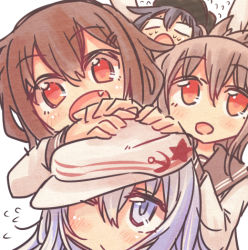 Rule 34 | 10s, 4girls, akatsuki (kancolle), black hair, blue eyes, blue hair, blush, brown hair, fang, folded ponytail, hair ornament, hairclip, half updo, hands on another&#039;s head, hat, hibiki (kancolle), hikawa shou, ikazuchi (kancolle), inazuma (kancolle), kantai collection, looking at viewer, multiple girls, one eye closed, open mouth, personification, red eyes, sketch, sweat, verniy (kancolle), wink