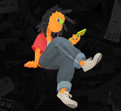 Rule 34 | 1boy, black hair, cellphone, closed mouth, colored sclera, crossed legs, denim, green sclera, highres, holding, holding phone, jeans, layered shirt, looking at viewer, male focus, murch (splatoon), nintendo, official art, open clothes, open shirt, pants, phone, purple eyes, red shirt, shirt, shoes, sitting, smartphone, smile, sneakers, splatoon (series), splatoon 3, white footwear