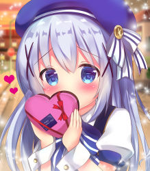 Rule 34 | 1girl, beret, blue eyes, blue hair, blue hat, blue vest, blurry, blurry background, blush, box, commentary request, covered mouth, depth of field, gift, gift box, gochuumon wa usagi desu ka?, hair between eyes, hair ornament, hat, heart, heart-shaped box, holding, holding gift, kafuu chino, long hair, looking at viewer, puffy short sleeves, puffy sleeves, rikatan, shirt, short sleeves, solo, valentine, vest, white shirt, wrist cuffs, x hair ornament