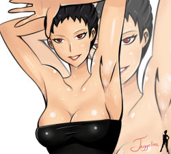 Rule 34 | 1girl, armpits, arms up, bare shoulders, black hair, breasts, cleavage, dress, hands up, lips, medium breasts, open hand, original, parted lips, presenting armpit, red eyes, saberrung, shiny skin, simple background, sketch, smile, strapless, strapless dress, sweat, white background