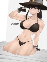 Rule 34 | 1girl, artist name, bed, bikini, black bikini, breasts, cleavage, collarbone, en&#039;en no shouboutai, flytrapxx, gloves, hat, highres, kneeling, large breasts, long hair, looking at viewer, maki oze, muscular, muscular female, navel, o-ring, o-ring bikini, ponytail, purple eyes, solo, stomach, swimsuit, thick thighs, thighs, toned, witch hat