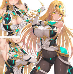 Rule 34 | 1girl, armpits, black pantyhose, blonde hair, blush, breasts, cleavage cutout, clothing cutout, earrings, finger to mouth, gloves, highres, jewelry, large breasts, long hair, multiple views, mythra (massive melee) (xenoblade), mythra (xenoblade), navel, nemunemu semi, nintendo, open mouth, pantyhose, shiny clothes, stretching, super smash bros., sweat, very long hair, white gloves, xenoblade chronicles (series), xenoblade chronicles 2, yellow eyes