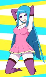 Rule 34 | 1girl, armpits, arms behind head, arms up, bikini, bikini under clothes, blue hair, blush, breasts, cleavage, dress, drooling, elbow gloves, gloves, highres, kneeling, long hair, looking at viewer, me!me!me!, meme (me!me!me!), panties, purple eyes, purple gloves, purple thighhighs, short dress, sky-freedom, solo, striped bikini, striped clothes, striped panties, swimsuit, thighhighs, underwear, very long hair