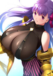 Rule 34 | 10s, 1girl, bad proportions, belt collar, bodysuit, bow, breasts, claws, collar, dragon@harry, fate/extra, fate/extra ccc, fate (series), from side, gigantic breasts, hair bow, hair ribbon, highres, long hair, passionlip (fate), pink eyes, purple hair, ribbon, solo, very long hair