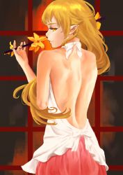 Rule 34 | 1girl, back, back focus, backless dress, backless outfit, bad id, bad pixiv id, bare back, bare shoulders, blonde hair, dress, flower, from behind, holding, holding flower, ichigo milku, kiss-shot acerola-orion heart-under-blade, long hair, looking at viewer, looking back, monogatari (series), oshino shinobu, profile, solo, yellow eyes