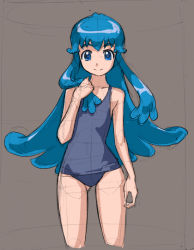Rule 34 | 10s, 1girl, blue eyes, blue hair, brown background, happinesscharge precure!, long hair, looking at viewer, matching hair/eyes, one-piece swimsuit, precure, rohitsuka, school swimsuit, shirayuki hime, sketch, smile, solo, swimsuit