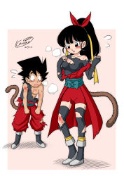 Rule 34 | 10s, 1boy, 1girl, bare arms, beat (dragon ball), black eyes, black hair, blush, boots, bow, breasts, cleavage, collarbone, dated, dragon ball, dragon ball heroes, embarrassed, facing another, hair bow, hair ribbon, hair tie, hand on chest, hand on own chest, hands up, hetero, high ponytail, highres, injury, karoine, leotard, long hair, looking at another, looking down, matching hair/eyes, medium breasts, monkey tail, note (dragon ball), open mouth, pants, pectorals, ponytail, red ribbon, ribbon, saiyan, short hair, standing, surprised, sweat, tail, tongue, torn clothes, yellow ribbon