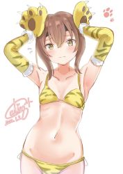 Rule 34 | 1girl, animal hands, animal print, arms up, bikini, breasts, brown eyes, brown hair, calin, dated, gloves, headband, highres, kantai collection, looking at viewer, paw gloves, short hair, signature, small breasts, solo, swimsuit, taihou (kancolle), tiger print, white background, yellow bikini, yellow gloves