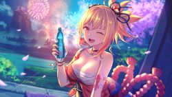 Rule 34 | 1girl, ;d, anbe yoshirou, arm tattoo, blonde hair, bottle, bracelet, breasts, cherry blossoms, chest sarashi, chest tattoo, choker, cleavage, falling petals, fireworks, genshin impact, hair ornament, hand up, highres, holding, holding bottle, jewelry, large breasts, looking at viewer, night, night sky, one eye closed, open mouth, orange eyes, petals, ponytail, ramune, red choker, sarashi, signature, sky, smile, solo, tattoo, teeth, upper body, upper teeth only, yoimiya (genshin impact)