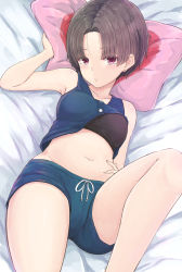 Rule 34 | 1girl, absurdres, arm up, armpits, bare arms, bare shoulders, bed sheet, black bra, blue shirt, blue shorts, bra, breasts, brown hair, closed mouth, clothes lift, collarbone, commentary request, earrings, fingernails, forehead, groin, hand on own stomach, heart, highres, jewelry, knee up, looking at viewer, lying, medium breasts, navel, on back, original, parted bangs, pillow, red eyes, shirt, shirt lift, short hair, short shorts, shorts, sleeveless, sleeveless shirt, solo, sports bra, stud earrings, temari rin, underwear