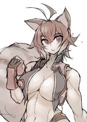 Rule 34 | 1girl, animal ears, antenna hair, apple, blazblue, breasts, cleavage, crop top, eating, food, fruit, holding, holding food, holding fruit, large breasts, looking at viewer, makoto nanaya, navel, open clothes, open shirt, open vest, sketch, solo, sowel (sk3), squirrel ears, squirrel girl, squirrel tail, stomach, tail, toned, unfinished, upper body, vest, white background