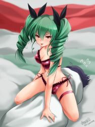 Rule 34 | 10s, 2girls, anchovy (girls und panzer), bad id, bad twitter id, black hair, blush, bra, breasts, cleavage, drill hair, girls und panzer, green hair, hair ornament, hair ribbon, haruhata mutsuki, large breasts, lingerie, multiple girls, navel, panties, pepperoni (girls und panzer), red bra, red eyes, red panties, ribbon, side-tie panties, spread legs, tongue, tongue out, twintails, underwear, underwear only