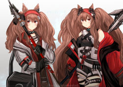 Rule 34 | 2girls, absurdres, angelina (arknights), angelina (distinguished visitor) (arknights), animal ears, arknights, artist name, bare shoulders, belt, black choker, black gloves, blue sealad, brown hair, character name, choker, commentary, dual persona, fox ears, gloves, hair between eyes, hairband, highres, holding, holding staff, jacket, long hair, long sleeves, looking at viewer, multiple girls, off shoulder, official alternate costume, open clothes, open jacket, red eyes, red hairband, smile, staff, twintails, very long hair, white belt, white jacket