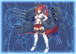 Rule 34 | 1girl, animal ears, blue background, breasts, brown hair, closed mouth, collar, cosplay, daiwa scarlet (umamusume), full body, hair intakes, hair tie, hand on own hip, headgear, hip vent, horse ears, horse girl, horse tail, jacket, kantai collection, large breasts, long hair, metal collar, moke ro, name connection, pleated skirt, purple eyes, range finder, red skirt, rigging, skirt, solo, standing, tail, thighhighs, tiara, trait connection, turret, twintails, uchuu senkan yamato, uchuu senkan yamato 2199, umamusume, very long hair, white jacket, white thighhighs, yamato (kancolle), yamato (kancolle) (cosplay)
