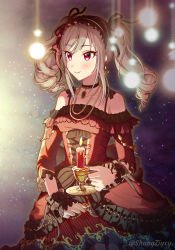 Rule 34 | 1girl, bare shoulders, black choker, blush, breasts, candle, choker, christmas, collarbone, detached sleeves, dress, earrings, frilled dress, frilled hairband, frilled sleeves, frills, grey hair, hairband, highres, holding, holding candle, idolmaster, idolmaster cinderella girls, idolmaster cinderella girls starlight stage, jewelry, kanzaki ranko, lolita fashion, medium breasts, medium hair, purple dress, purple eyes, purple hairband, shangzi, smile, solo, spaghetti strap, twintails