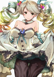 Rule 34 | 1girl, akai kagerou, bare shoulders, blush, breasts, cleavage, clothes lift, crotch seam, de la fille, detached collar, dress, dress lift, gem, gloves, gluteal fold, granblue fantasy, green eyes, hair ornament, highres, jewelry, large breasts, long hair, looking at viewer, multicolored hair, panties, panties under pantyhose, pantyhose, simple background, smile, solo, twintails, underwear, white background, white gloves