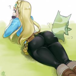 Rule 34 | 1girl, ?, ass, blonde hair, blush, boots, breasts, fingerless gloves, from behind, gloves, green eyes, huge ass, long hair, looking back, lying, monbetsu kuniharu, nintendo, on stomach, pants, pointy ears, princess zelda, shiny clothes, sideboob, the legend of zelda, the legend of zelda: breath of the wild, thick thighs, thighs, very long hair, wide hips