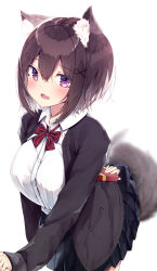 Rule 34 | 1girl, absurdres, animal ear fluff, animal ears, arm behind back, black jacket, black skirt, blurry, blurry background, blush, bow, box, breasts, brown hair, collared shirt, commentary request, depth of field, diagonal-striped bow, dress shirt, fang, gift, gift box, hair between eyes, hair ornament, hairclip, highres, holding, holding gift, jacket, leaning forward, long sleeves, looking at viewer, mayogii, medium breasts, open clothes, open jacket, open mouth, original, pleated skirt, purple eyes, red bow, shirt, simple background, skirt, sleeves past wrists, solo, striped, tail, valentine, white background, white shirt, x hair ornament