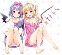 Rule 34 | 2girls, :d, bare legs, bare shoulders, barefoot, bat wings, black wings, blonde hair, blush, camisole, closed mouth, collarbone, commentary request, crystal, fang, flandre scarlet, frilled shorts, frills, hands up, hood, hood down, hooded jacket, irori, jacket, long hair, long sleeves, multiple girls, hugging object, off shoulder, one side up, open clothes, open jacket, open mouth, panties, pillow, pillow hug, pink camisole, pink jacket, purple hair, purple jacket, red eyes, remilia scarlet, short shorts, shorts, siblings, sisters, smile, soles, touhou, underwear, upshorts, white background, white camisole, white panties, white shorts, wings
