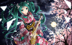 Rule 34 | 1girl, cherry blossoms, electric guitar, full moon, green eyes, green hair, guitar, hatsune miku, highres, instrument, japanese clothes, kimono, long hair, looking at viewer, matching hair/eyes, moon, neo-masterpeacer, obi, open mouth, reflection, sash, solo, tree, twintails, very long hair, vocaloid