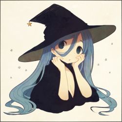 Rule 34 | 1girl, ayu (mog), black dress, black hat, blue eyes, blue hair, breasts, cleavage, dress, hair between eyes, hands up, hat, large breasts, long hair, looking at viewer, original, parted lips, solo, white background, witch hat