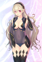 Rule 34 | 1girl, absurdres, black thighhighs, breasts, bridal gauntlets, cleavage, corrin (female) (fire emblem), corrin (fire emblem), covered navel, cowboy shot, dark mage (fire emblem fates), fire emblem, fire emblem fates, grey hair, groin, hairband, highres, kashiwamochi yomogi, large breasts, long hair, nintendo, open mouth, pointy ears, red eyes, revealing clothes, skin tight, solo, sweat, thighhighs, very long hair