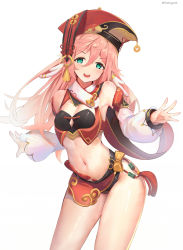 Rule 34 | 1girl, antlers, bare shoulders, black panties, blush, breasts, cleavage, cowboy shot, detached sleeves, fuenyuan, genshin impact, green eyes, hair between eyes, hat, hat ornament, highres, horns, long hair, long sleeves, looking at viewer, midriff, navel, open mouth, panties, pink hair, puffy sleeves, red hat, red skirt, revealing clothes, simple background, skirt, small breasts, smile, solo, standing, twitter username, underwear, white background, yanfei (genshin impact)