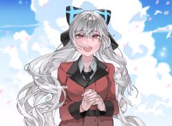 Rule 34 | 1girl, bird, black bow, black necktie, blue bow, bow, cloud, cloudy sky, coat, commission, girls&#039; frontline, grey hair, griffin &amp; kryuger military uniform, hair bow, highres, interlocked fingers, long hair, looking at viewer, necktie, open mouth, own hands clasped, own hands together, red coat, red eyes, simple bird, sky, solo, teeth, tokarev (girls&#039; frontline), two-tone bow, upper body, upper teeth only, yongsadragon
