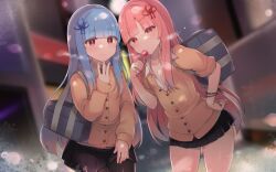 Rule 34 | 2girls, bag, black pantyhose, blue hair, blunt bangs, blurry, blurry background, blush, breasts, brown cardigan, candy, cardigan, collared shirt, commentary request, food, hair ornament, hair ribbon, hairclip, hand on own hip, holding, holding candy, holding food, holding lollipop, kotonoha akane, kotonoha aoi, lollipop, long hair, long sleeves, looking at viewer, miniskirt, multicolored hair, multiple girls, nail polish, pantyhose, pink hair, pleated skirt, red eyes, ribbon, shin (new), shirt, siblings, sisters, skirt, small breasts, smile, very long hair, voiceroid, w, white shirt
