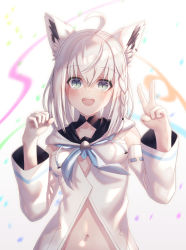 Rule 34 | 1girl, ahoge, animal ear fluff, animal ears, braid, collarbone, commentary request, detached sleeves, fox ears, fox girl, green eyes, highres, hololive, looking at viewer, midriff, navel, open mouth, shirai yu, shirakami fubuki, shirakami fubuki (1st costume), solo, v, virtual youtuber