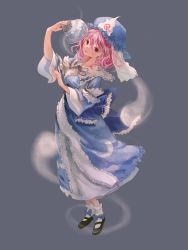 Rule 34 | 1girl, 80isiiii, arms up, back bow, bad id, bad twitter id, belt, black footwear, blue belt, blue bow, blue bowtie, blue dress, blue hat, blue kimono, blush, bow, bowtie, closed mouth, collared dress, dress, frilled kimono, frills, ghost, grey background, hair between eyes, hand fan, hands up, hat, hitodama, japanese clothes, kimono, long sleeves, looking at viewer, mob cap, pink eyes, pink hair, saigyouji yuyuko, shoes, simple background, smile, socks, solo, standing, touhou, triangular headpiece, white socks, wide sleeves
