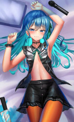 Rule 34 | 1girl, aqua hair, arm up, armpits, bed, bed sheet, black choker, black shirt, black skirt, blood, blood stain, bloody knife, blue blood, blue eyes, blue hair, blush, breasts, choker, closed mouth, colored inner hair, cowboy shot, eyelashes, fine fabric emphasis, frilled skirt, frills, green ribbon, grey shirt, hair between eyes, hair ribbon, hand up, highres, hololive, hoshimachi suisei, hoshimachi suisei (streetwear), jagoo, knife, lace, lace choker, lace sleeves, long hair, looking at viewer, lying, microphone, miniskirt, multicolored hair, navel, official alternate costume, on back, one side up, open clothes, open shirt, orange pantyhose, pantyhose, ribbon, scrunchie, shiny skin, shirt, short sleeves, skirt, small breasts, smile, solo, star (symbol), star in eye, stomach, symbol in eye, thighs, two-tone hair, two-tone shirt, virtual youtuber, wrist scrunchie
