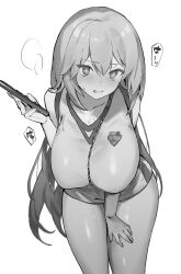 Rule 34 | 1girl, breasts, collarbone, commentary request, controller, elbow gloves, exhausted, gloves, greyscale, gym shirt, gym shorts, hair between eyes, hand on own thigh, hand up, highres, holding, holding remote control, large breasts, leaning forward, looking at viewer, monochrome, open mouth, otsumami (02mami), remote control, school emblem, shirt, shokuhou misaki, short shorts, shorts, sleeveless, sleeveless shirt, solo, star-shaped pupils, star (symbol), sweat, symbol-shaped pupils, toaru kagaku no mental out, toaru kagaku no railgun, toaru majutsu no index, tokiwadai school gym uniform, translation request, white background