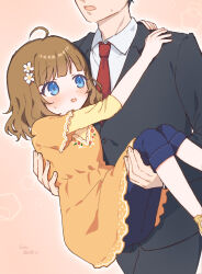Rule 34 | 1boy, 1girl, 6sb, absurdres, ahoge, black jacket, black pants, blue eyes, blue pants, blush, brown hair, business suit, carrying, dot nose, dress, flat chest, floral print, flower, formal, hair flower, hair ornament, highres, idolmaster, idolmaster million live!, jacket, long sleeves, looking at another, medium hair, necktie, out of frame, pants, pink background, princess carry, print dress, producer (idolmaster), red necktie, shirt, sidelocks, suit, suou momoko, white shirt, yellow dress