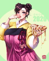 Rule 34 | 1girl, 2020, beryl (junkpuyo), bracelet, breasts, cheese trail, commentary request, earrings, food, hanbok, highres, huge breasts, jewelry, junkpuyo, korean clothes, licking, licking finger, lips, new year, original, pizza, purple eyes, purple hair, ring, solo, wedding ring