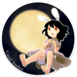 Rule 34 | 1girl, 30re, animal ears, bad id, bad pixiv id, barefoot, bloomers, character name, feet, female focus, full body, inaba tewi, jewelry, moon, necklace, outdoors, rabbit ears, sitting, sky, solo, touhou, white bloomers