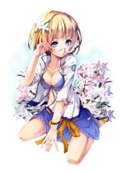Rule 34 | 1girl, adjusting eyewear, amayofuu, bespectacled, blonde hair, blue eyes, bra, breasts, flower, france, glasses, hair flower, hair ornament, looking at viewer, open clothes, open shirt, orangina, original, personification, shirt, short hair, sitting, skirt, smile, solo, underwear, wariza