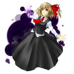 Rule 34 | 1girl, blonde hair, darkness, embodiment of scarlet devil, female focus, hair ribbon, necktie, outstretched arms, red eyes, red necktie, ribbon, rumia, short hair, solo, spread arms, touhou