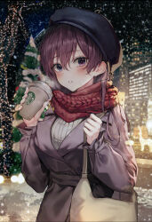 Rule 34 | 1girl, bag, beret, black hat, blue eyes, blush, brown jacket, christmas, christmas tree, coffee cup, cup, disposable cup, earrings, hand up, handbag, hat, heterochromia, highres, holding, holding cup, jacket, jewelry, long hair, long sleeves, looking at viewer, luxiel, night, original, outdoors, parted lips, purple eyes, purple hair, red scarf, scarf, sky, snow, snowing, solo, standing