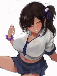 Rule 34 | 1girl, absurdres, black bra, blue necktie, blush, bra, bra visible through clothes, breasts, brown eyes, brown hair, cellphone, cleavage, collared shirt, cropped shirt, dark-skinned female, dark skin, earrings, goddess of victory: nikke, grin, hair ornament, hair over one eye, highres, holding, holding phone, jewelry, large breasts, long hair, looking at viewer, loose necktie, naga (nikke), necktie, phone, pleated skirt, rowkiba, scrunchie, shirt, short sleeves, side ponytail, sketch, skirt, smartphone, smile, solo, striped necktie, underwear, unfinished, white shirt, wrist scrunchie