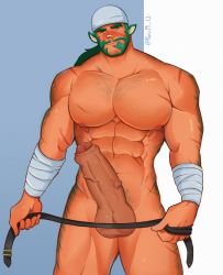 Rule 34 | 1boy, abs, absurdres, alternate pectoral size, animal ears, arm hair, bara, beard, cat ears, chest hair, completely nude, condom, condom in mouth, erection, facial hair, fire emblem, fire emblem: path of radiance, foreskin, green hair, hairy, head scarf, highres, joonbean, large pectorals, large penis, leg hair, looking at viewer, male focus, mature male, mouth hold, muarim (fire emblem), muscular, muscular male, necktie, unworn necktie, nintendo, nipples, nude, pectorals, penis, solo, stomach, thick thighs, thighs, veins, veiny penis