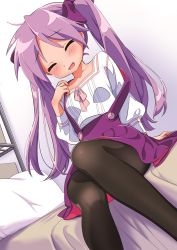 Rule 34 | 1girl, :d, arm support, bed, bedroom, black pantyhose, blush, bow, closed eyes, collarbone, commentary request, dutch angle, facing viewer, feet out of frame, hair bow, hand up, highres, hiiragi kagami, hotaru iori, indoors, long hair, long sleeves, lucky star, on bed, open mouth, pantyhose, pillow, pink ribbon, puffy long sleeves, puffy sleeves, purple bow, purple hair, purple skirt, ribbon, second-party source, shirt, sitting, skirt, smile, solo, suspender skirt, suspenders, suspenders slip, twintails, very long hair, white shirt