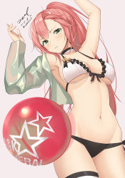 Rule 34 | 1girl, arm up, armpits, ball, bare arms, bare shoulders, bikini, black bikini, breasts, choker, cleavage, closed mouth, collarbone, cowboy shot, cropped jacket, dated, frilled bikini, frills, front-tie bikini top, front-tie top, frown, girls&#039; frontline, green eyes, green jacket, groin, hand up, highres, jacket, long hair, long sleeves, looking at viewer, medium breasts, mismatched bikini, navel, official alternate costume, open clothes, open jacket, pink hair, ponytail, r93 (girls&#039; frontline), r93 (holiday lucky star) (girls&#039; frontline), side-tie bikini bottom, signature, solo, star (symbol), swimsuit, thigh strap, twitter username, unel, white bikini