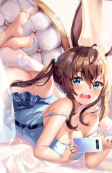 Rule 34 | 1girl, air bubble, amiya (arknights), animal ears, arknights, artist name, ass, bare shoulders, barefoot, blue eyes, blue shirt, blush, bottomless, breasts, brown hair, bubble, cellphone, checkered clothes, checkered skirt, chinese commentary, cleavage, curtains, hair between eyes, highres, holding, holding phone, jewelry, looking at viewer, lying, medium breasts, multiple rings, no panties, on stomach, open mouth, phone, plaid, plaid skirt, rabbit ears, ring, shirt, side ponytail, sidelocks, skirt, sleeveless, sleeveless shirt, solo, spaghetti strap, squchan, window