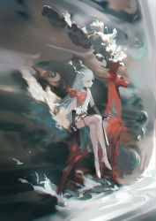 Rule 34 | 1girl, absurdres, animal, antlers, deer, dress, gloves, gradient background, highres, horns, long hair, looking to the side, original, scenery, sitting, smoke, solo, white dress, white hair, zygocactus