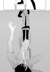 Rule 34 | 1boy, 1girl, arm up, boots, closed mouth, collared shirt, corpse, cutting, detached sleeves, dezirou, faceless, faceless female, falling, greyscale, hair ornament, hatsune miku, highres, holding, holding knife, knife, long hair, long sleeves, master (vocaloid), monochrome, necktie, on chair, pants, pleated skirt, shirt, short hair, short sleeves, skirt, standing, standing on chair, suicide, thigh boots, twintails, very long hair, vocaloid