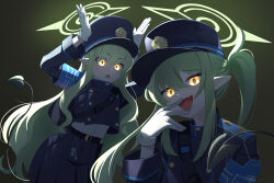 2girls :d absurdres armband arms_up blue_archive blue_armband blue_hat blue_jacket blue_skirt commentary demon_girl demon_tail earrings fang gloves glowing glowing_eyes green_hair green_halo halo hat highres hikari_(blue_archive) jacket jewelry korean_commentary long_hair looking_at_viewer multiple_girls nozomi_(blue_archive) open_mouth peaked_cap pleated_skirt pointy_ears shako_cap shirt skirt smile tail train_conductor triangle_mouth twintails very_long_hair white_gloves white_shirt xi. yellow_eyes