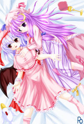 Rule 34 | 2girls, bat wings, crescent, crescent hair ornament, female focus, hair ornament, multiple girls, patchouli knowledge, purple hair, red eyes, remilia scarlet, touhou, wings