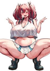 Rule 34 | 1girl, absurdres, azur lane, breasts, bremerton (azur lane), bremerton (scorching-hot training) (azur lane), cleavage, collarbone, curvy, highres, huge breasts, official alternate costume, open mouth, plump, red eyes, red hair, simple background, smile, sportswear, squatting, sweat, tagme, tennis uniform, thighs, white background, wow (cor369)