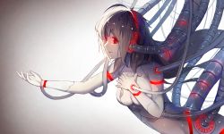 Rule 34 | 1girl, ahoge, albino, arched back, bodysuit, breasts, cable, cleavage, from side, gloves, grey hair, hand on own chest, highres, leaning forward, long hair, medium breasts, original, outstretched hand, parted lips, red eyes, science fiction, sidelocks, smile, solo, veilrain, white gloves